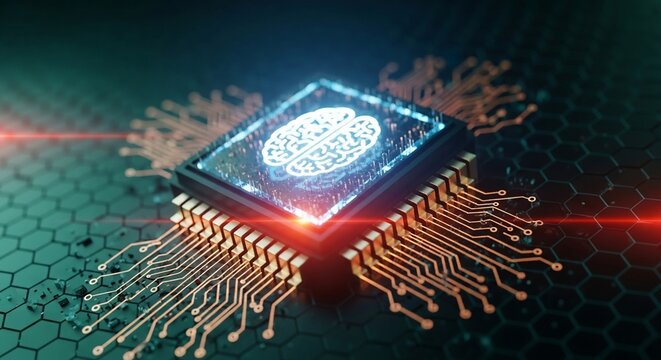 Glowing AI brain circuit board signifies futuristic technology and intelligent innovation for digital solutions