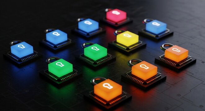 Secure your data with glowing digital locks on futuristic circuit boards, representing cybersecurity.