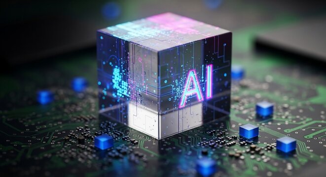 Futuristic AI cube glows with neon AI text on circuit board, symbolizing innovation and advanced technology.