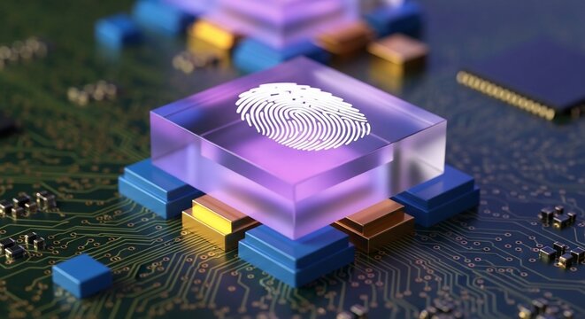 Secure digital identity concept with glowing fingerprint on futuristic circuit board technology