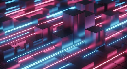 Futuristic neon grid cityscape with glowing blue and pink lines symbolizing data and progress