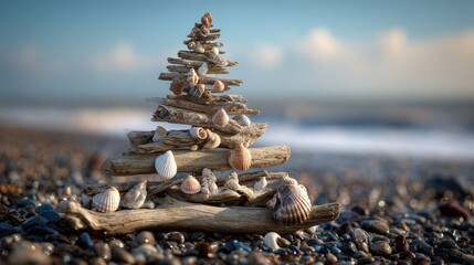 driftwood and seashell christmas tree by the beach