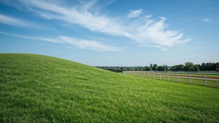 Obraz premium Green field with a hill and racetrack view under blue sky with clouds.