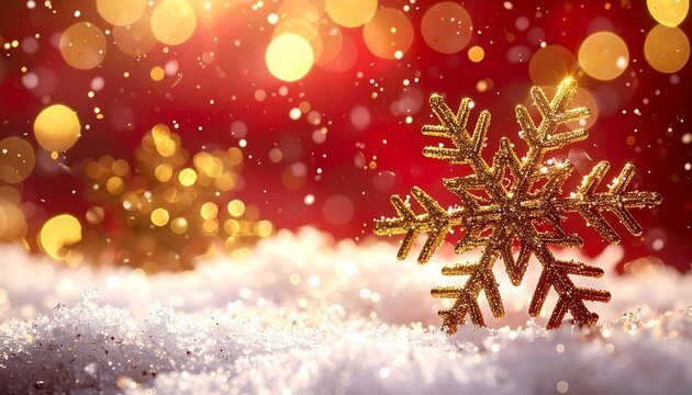 Fondo dorado brillante con copos de nieve, destellos relucientes y suaves luces bokeh, destaca por sus brillantes acentos dorados sobre un fondo abstracto rojo intenso. Composición Navideña
