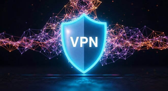 Secure your digital world with a glowing VPN shield against a vibrant network background