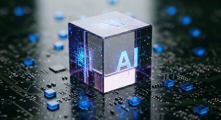 Futuristic AI cube glows on circuit board, representing advanced technology and digital intelligence
