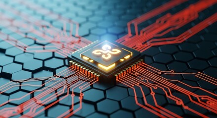 Modern microchip glowing with vibrant orange circuits on a dark hexagonal background, symbolizing innovation