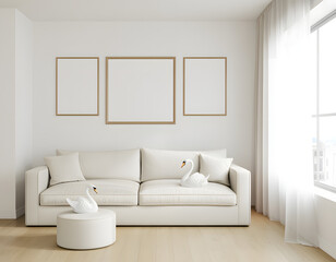 Modern living room with white sofa and empty picture frames