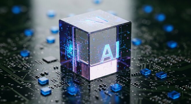 Futuristic AI cube glows on circuit board, representing advanced technology and digital intelligence