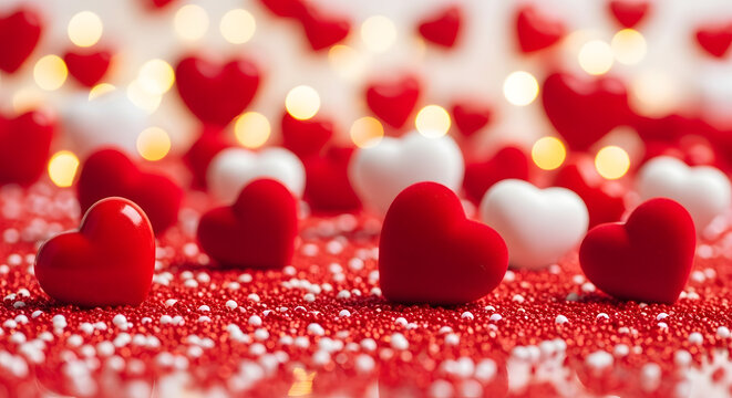 Soft red and white velvet hearts scattered with tiny sparkly sprinkles and bokeh lights