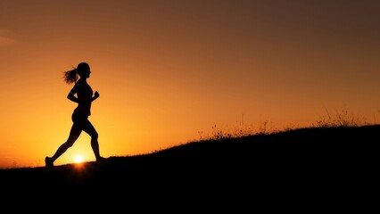 photo of silhouette woman run on the hill with sunset.