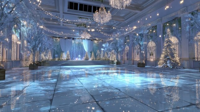 whimsical holiday ballroom glimmering lights dance enchanting winter soiree celtic yuletide celebration serene festive backdrop