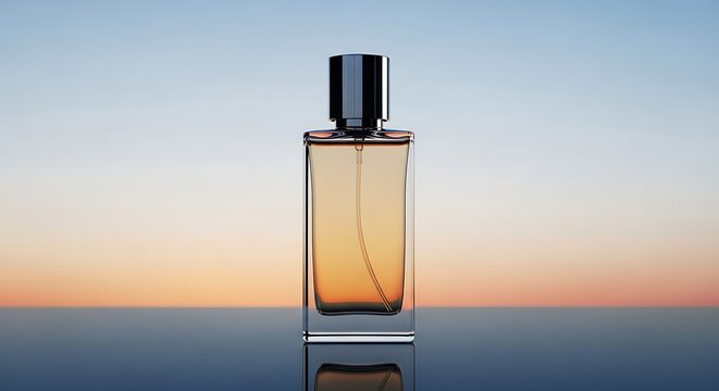 Elegant perfume bottle with amber liquid reflecting sunset hues