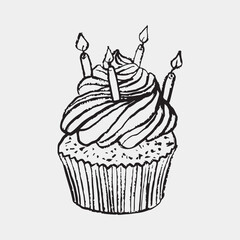 Hand drawn cupcake with four candles and whipped cream. Vector sketch illustration in vintage crayon charcoal style. Happy birthday bakery design, holiday celebration, retro drawing