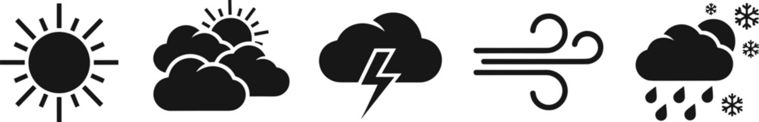 Weather Icons Vector Set Featuring Sunny, Cloudy, Thunderstorm, Windy, Mixed Rain and Snow Conditions for Forecast, UI, Climate Design