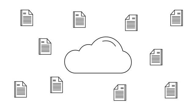 Cloud storage outline icon animation with random documents floating in and out from cloud on white background and green screen. 4K animated for cloud storage, data sync overlay, and UI UX element.