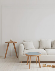 Minimalist living room with cream sofa and wooden accents