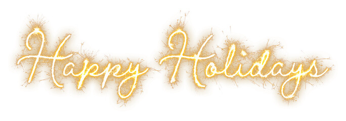 Happy Holidays text in long, spreading gold sparkler cursive script isolated on a transparent background for wide festive banners