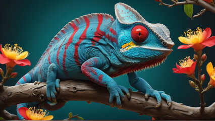 A vibrant digital illustration of a blue chameleon with a yellow-striped head and red eye perched on a branch surrounded by red flowers. The lively composition combines colorful botanical details with