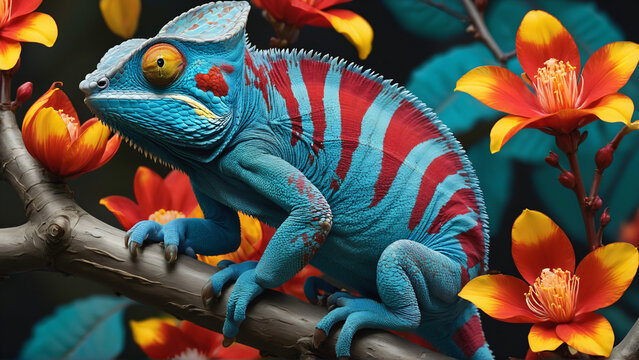 A vibrant digital illustration of a blue chameleon with a yellow-striped head and red eye perched on a branch surrounded by red flowers. The lively composition combines colorful botanical details with - Powered by Adobe