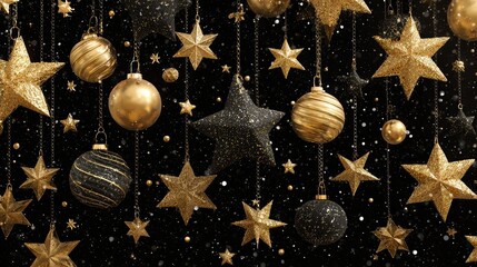 golden festive stars and ornaments on a black background creating a vibrant holiday atmosphere perfect for seasonal celebrations