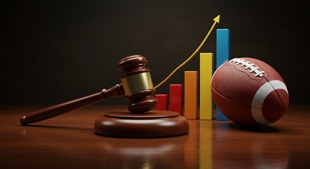 Gavel and football symbolize rising sports industry profits and legal success, driving financial growth and victory.
