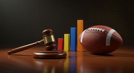 Gavel and football on rising bar chart symbolize sports law, finance, and business opportunities with legal implications