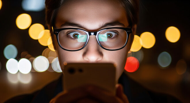 Person in Glasses Staring at Phone with Bokeh Lights