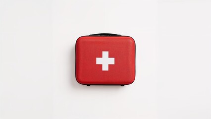 Fototapeta premium Red first aid kit with white cross symbol on the front on a plain background