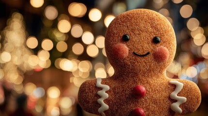 captivating gingerbread man with festive bokeh lights creates a warm magical holiday ambiance perfect for seasonal promotions and joyous celebrations