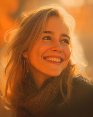 Young woman smiling outdoors in autumn with warm golden background  