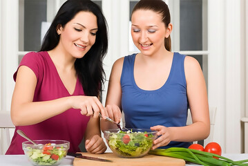 Two women are preparing a salad together. One of them is cutting up the vegetables while the other one is adding them to the bowl. The atmosphere is friendly and cooperative