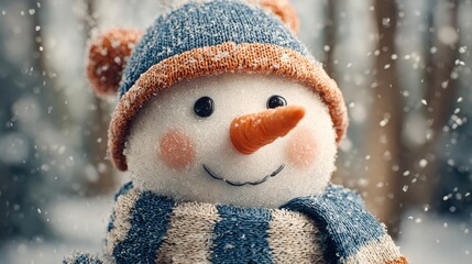 closeup of smiling snowman with carrot nose and knitted hat during snowfall in forest representing holiday spirit winter fun seasonal joy