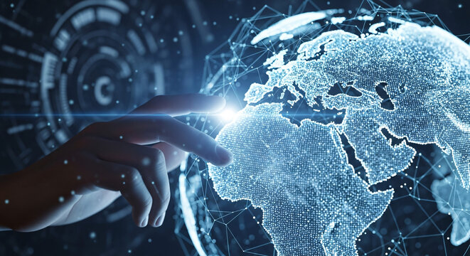 Hand Touching Digital Globe with Network Connections - Powered by Adobe