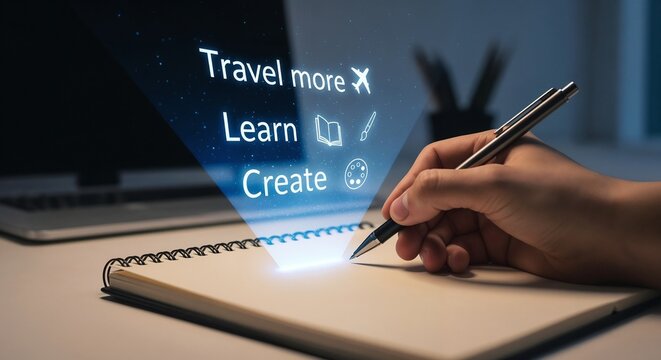 Hand writing in journal with goals for travel, learning, and creativity
