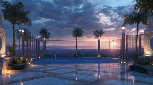 Tennis court at sunset with palm trees and glowing lights near the horizon