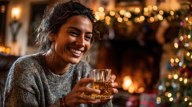 smiling woman toasting with whiskey in a warmly lit christmas living room celebrating the holiday season with family and friends - Powered by Adobe