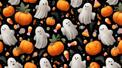 halloween pattern with ghosts pumpkins candy