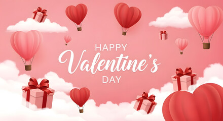 Romantic valentine s day celebration with heart shaped hot air balloons and gifts floating in the sky