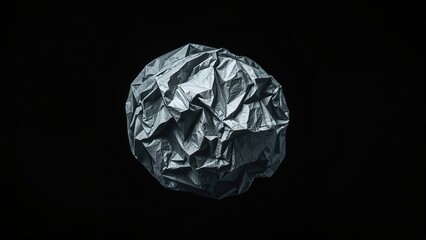 Fototapeta premium A crumpled metallic-looking sphere or rock against a black background.