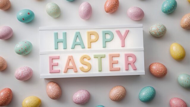 Easter eggs surrounding a "HAPPY EASTER" sign with pastel-colored letters.