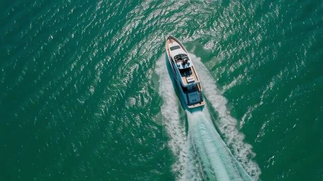 A luxurious yacht cuts through emerald green waters wake trailing behind it in a moment of pure