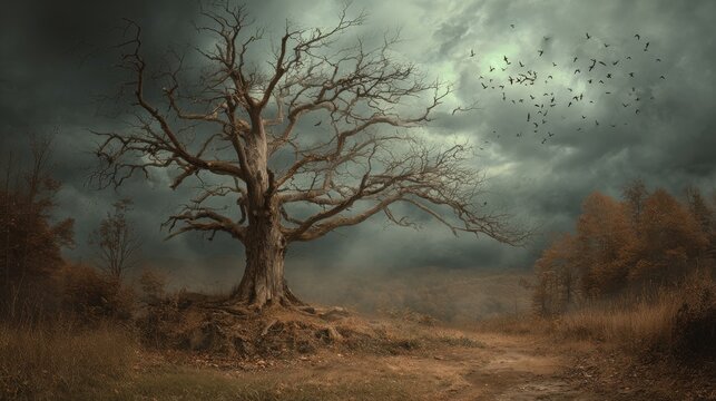 halloween theme  creepy tree eerie backdrop featuring woods and a creepy tree area for your festive message
