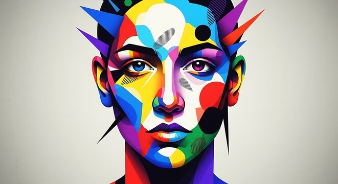 Colorful abstract portrait of a person with geometric shapes and vibrant colors.