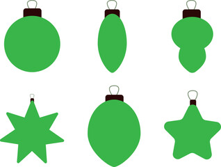 Green Christmas ornaments set, minimal festive baubles, star and tree decorations, New Year holiday illustration