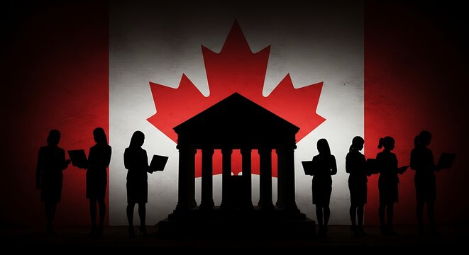 Diverse Canadian business professionals collaborate and innovate around a grand institution, embodying national progress and digital engagement.