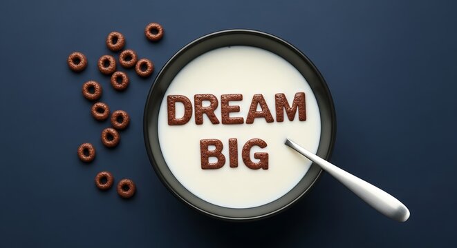 Cereal letters spelling 'dream big' in milk, a motivational breakfast