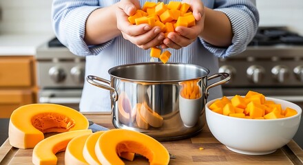 Recipe illustration showing the action of placing fresh, cut butternut squash into a metal pot for soup.