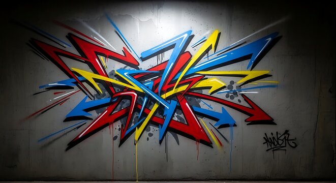 A dynamic wildstyle graffiti mural with red, blue, and yellow arrows exploding on a concrete wall.