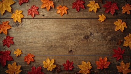 Autumn leaves in red, orange, and yellow hues arranged around a rustic wooden background.